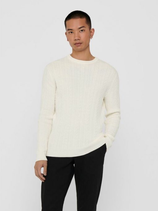 Only & Sons Thin Cable Crew Neck Knit White