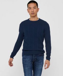 Only & Sons Thin Cable Crew Neck Knit Blue