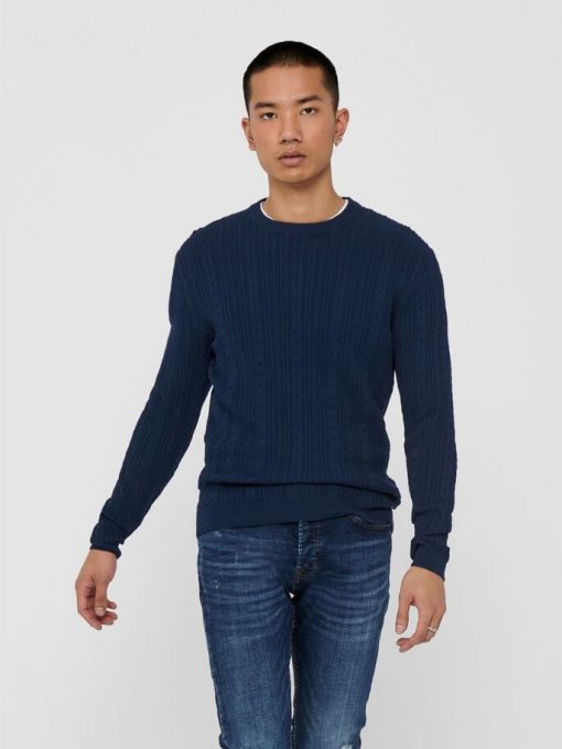 Only & Sons Thin Cable Crew Neck Knit Blue