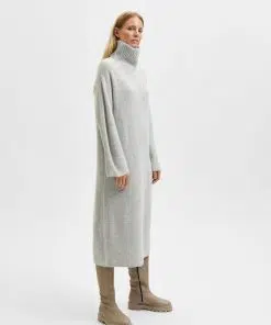 Selected Femme Elina Knit High Neck Dress Light Grey Melange