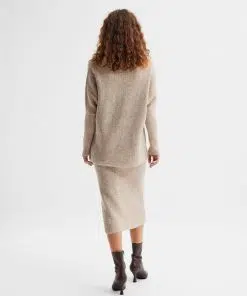 Selected Femme Annalisa Knitted Midi Skirt Sandshell