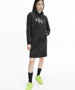 Calvin Klein Glossy Monogram Hoodie Dress Black