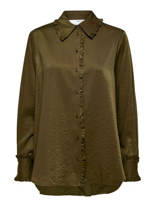 Selected Femme Nallie Ruffle Shirt Dark Olive