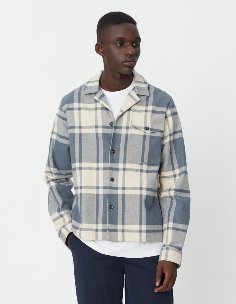 Buy Les Deux Joe Check Flannel Camp Collar Shirt Turbulence Blue ...