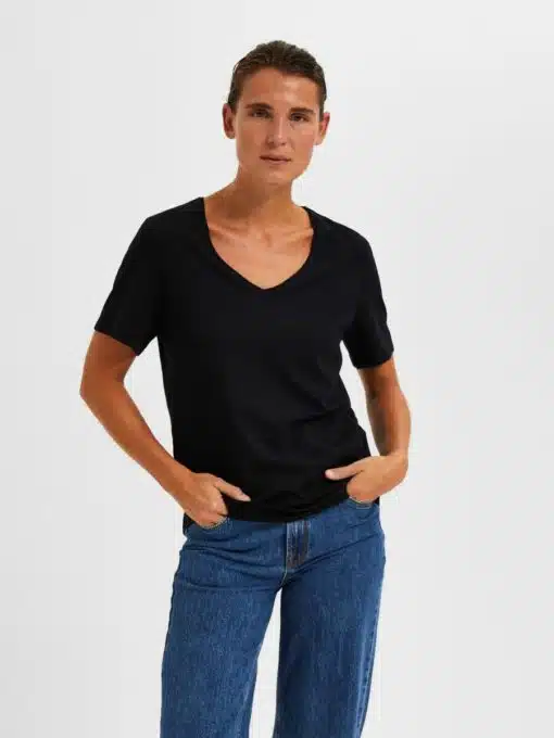 Selected Femme V-Neck T-shirt Black