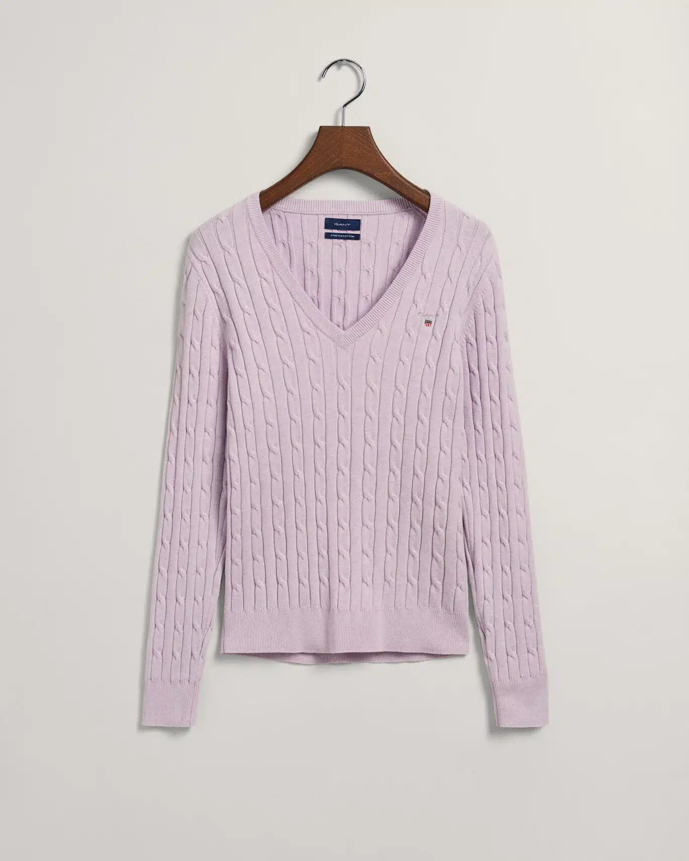 Stretch Cotton Cable Knit V-Neck Sweater