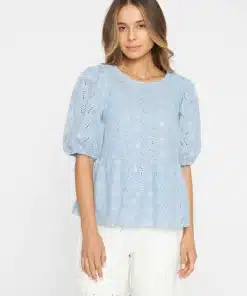 Knowledge Cotton Apparel Puff Sleeve Embroidery Top Skyway