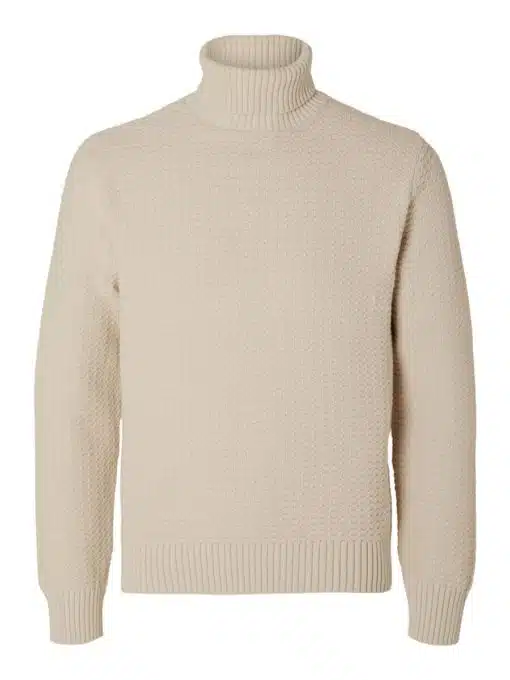 Selected Homme Thim Structure Roll Neck Knit Oatmeal