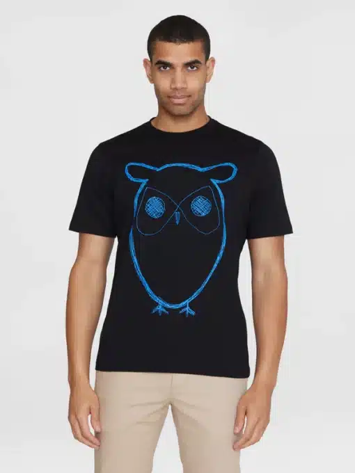 Knowledge Cotton Apparel Big Owl Front Print T-shirt Black