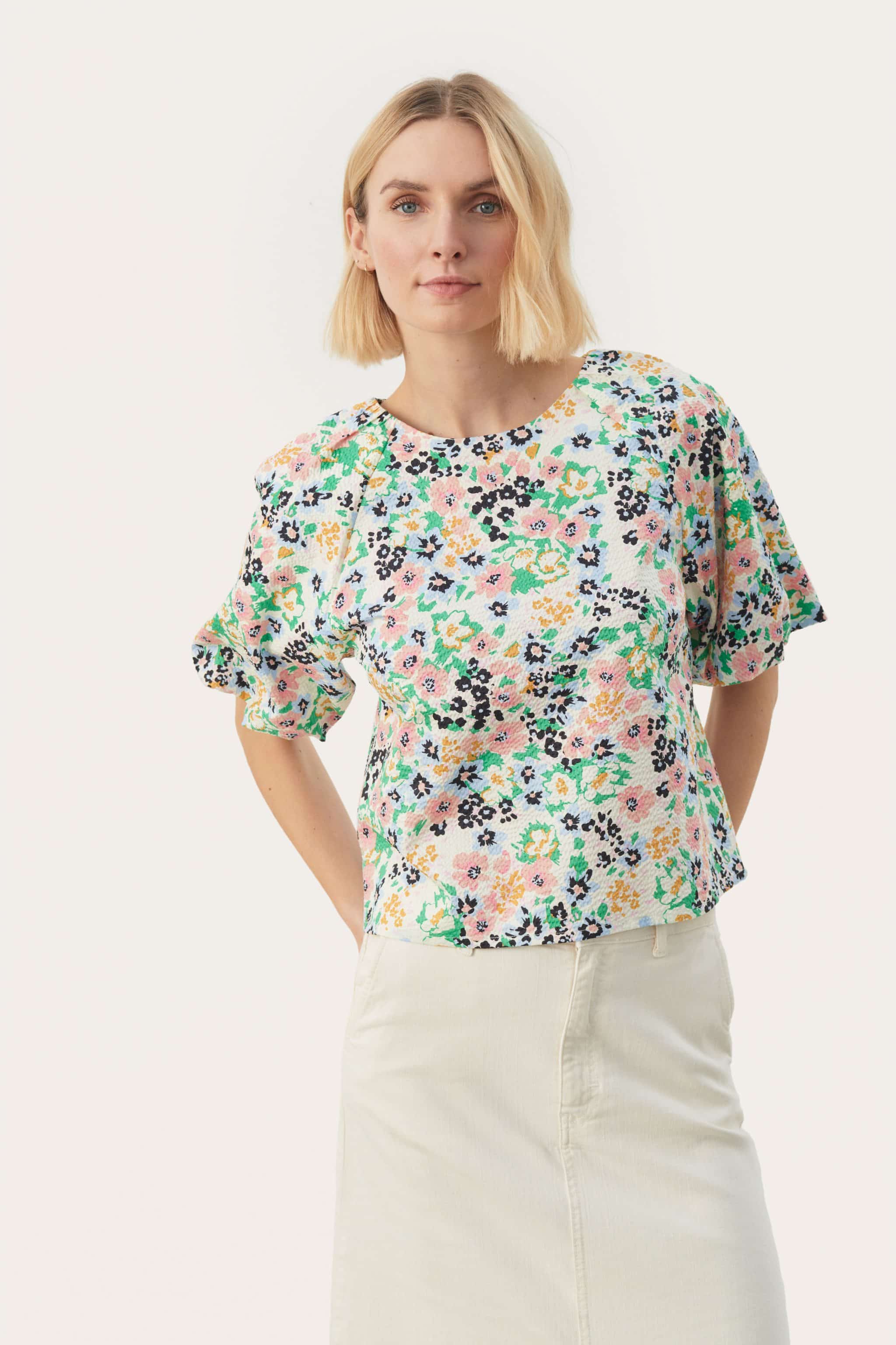 Women's Feminine Floral Top | Sheer Sleeves | Green Multi