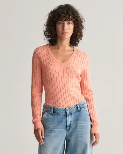 Gant Woman Stretch Cotton Cable V-Neck Peachy Pink