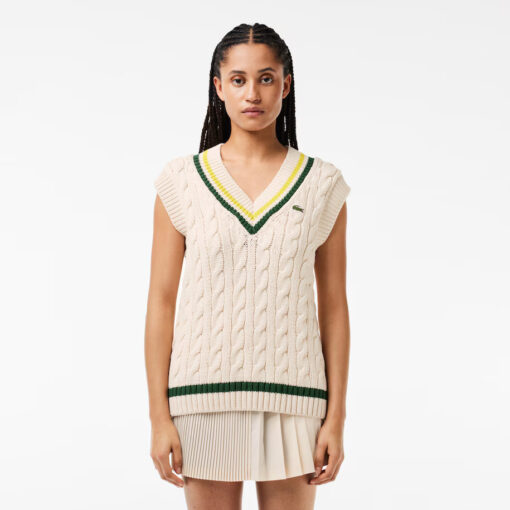 Lacoste Cable Knit Contrast Trim V-Neck Sweater Vest White/Green/Yellow
