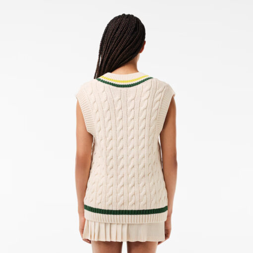 Lacoste Cable Knit Contrast Trim V-Neck Sweater Vest White/Green/Yellow