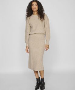 Vila Kachel Knit Pencil Skirt Natural Melange