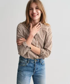 Gant Woman Poplin Striped Shirt Cocao Brown