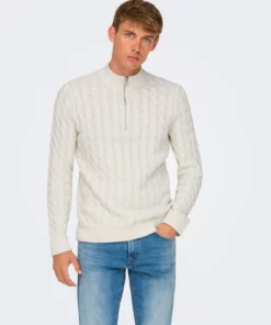 Only & Sons KIcker Life Cable Half Zip Knit Antique White