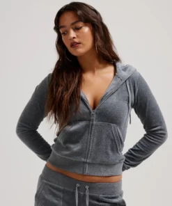 Juicy Couture Classic Velour Robertson Zip Hoodie Charcoal Marl